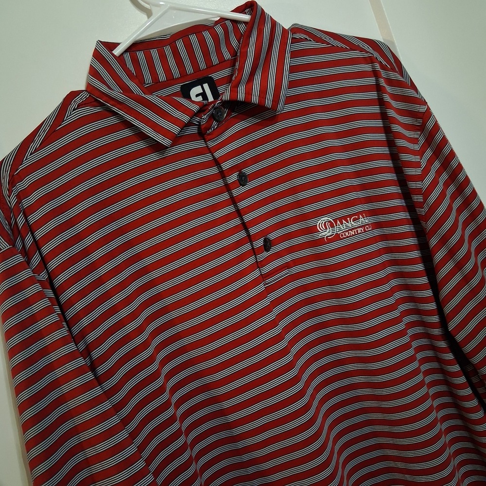 FootJoy Polo Shirt Mens L Red Striped Ancala Country Club Golf Performance Wear